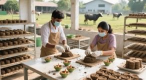Pressing or molding station; drying racks